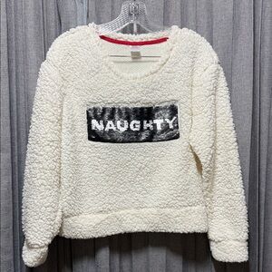 Cozy Cream Sherpa Sweater with Naughty / Nice flip sequins